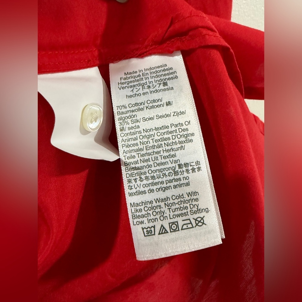 Madewell Ruffled Y-Neck Cotton-Silk Top Festival Red XS Puff Sleeve NWT - Picture 9 of 11